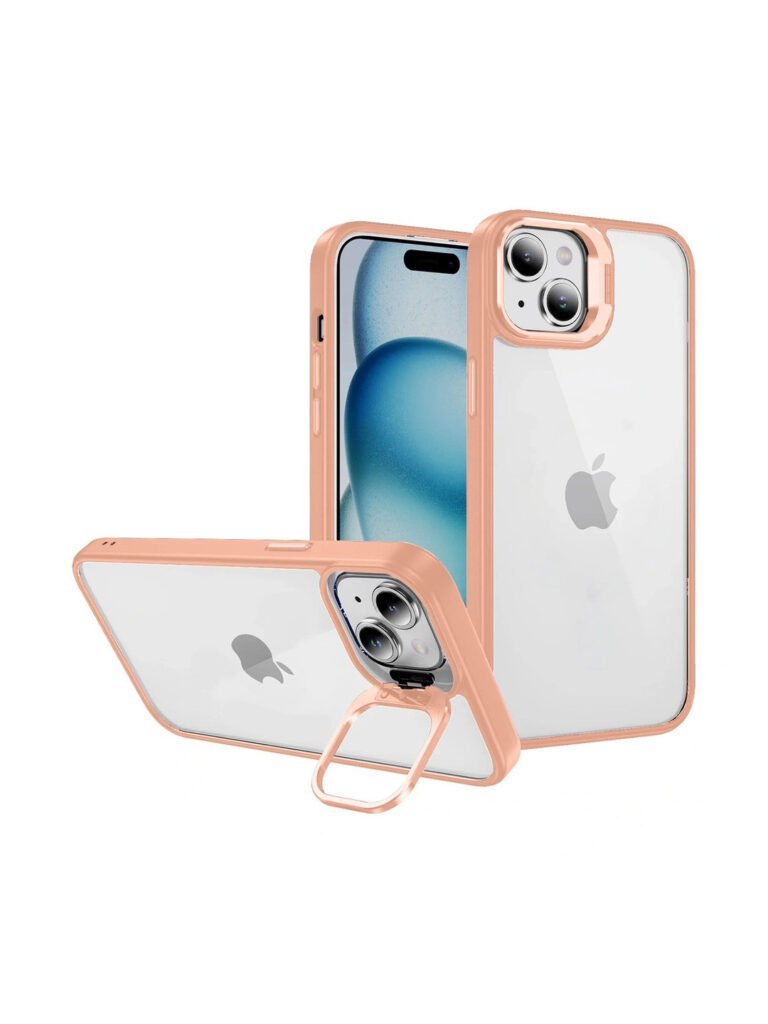 IPhone 15 Back Cover Lens Flip Stand Holder Case with Free Lens Protector